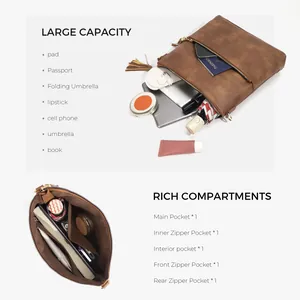 Vintage brown shoulder bag with large capacity and multi-pocket functional design