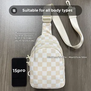 Size details of the beige checkered nylon crossbody bag showing 26x16x8cm dimensions