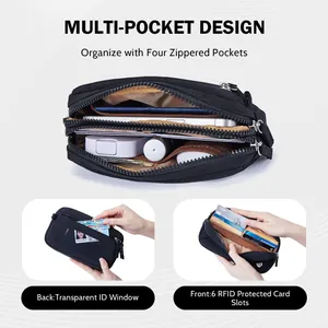 Détail de 4 poches zippées et 6 fentes pour cartes anti-RFID dans un sac en nylon