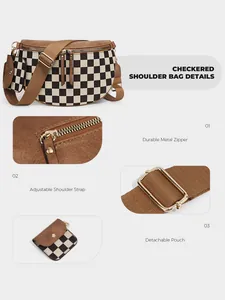 Detail of durable metal zipper and adjustable strap on checkerboard nylon crossbody bag
