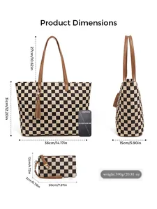 Tableau des tailles du sac cabas à damier et de la pochette avec dimensions en cm