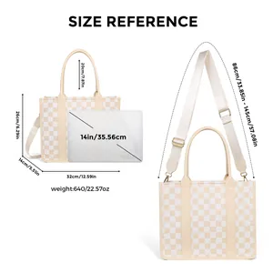 Size chart for checkerboard tote bag showing dimensions for 14 inch laptop capacity