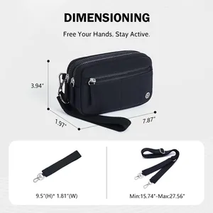 Tableau des dimensions détaillant la taille et la sangle du sac en nylon noir
