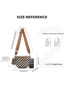 Detailed size chart for checkerboard crossbody bag showing dimensions and strap length
