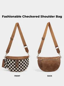 Front and back views of a checkered nylon saddle bag with a small earphone pouch detail