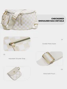 Detailed views of checkered shoulder bag featuring metal zippers and adjustable strap
