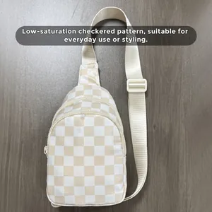 Checkered nylon crossbody belt bag in cream and yellow for outdoor sports and running