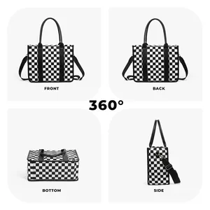 Large checkerboard tote bag with black handles and shoulder strap shown from multiple angles