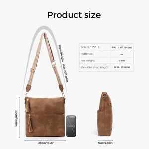Vintage PU leather messenger bag size guide with crossbody strap dimensions and iPhone comparison