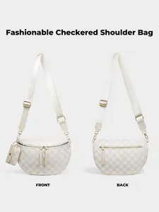 Detailed front and back views of a beige checkered sling bag with adjustable shoulder strap
