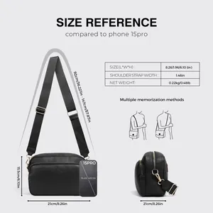 Size guide for checkerboard crossbody bag with adjustable strap and dual zipper layers