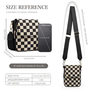 Checkerboard crossbody phone bag size chart with adjustable strap and 18cm height detail