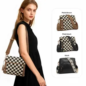 Women Fashion Checkerboard Crossbody Bag PU Leather Multi Layer Zipper Shoulder Bag With Tassel Adjustable Jacquard Strap