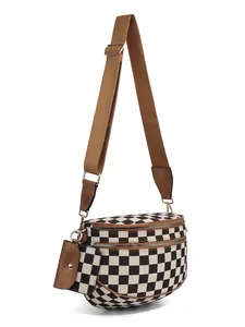 Checkered crossbody bag with double zippers and small matching coin purse on wide strap