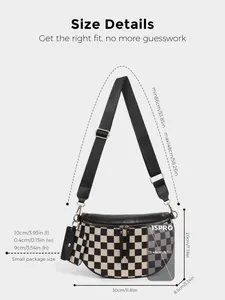 Detailed size specifications of the checkered nylon crossbody bag with dimensions and small pouch