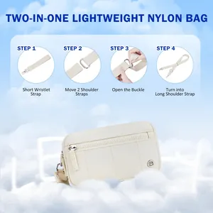 Détail de la conversion d'une pochette en nylon 2-en-1 avec bandoulière réglable