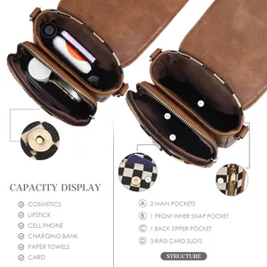 Brown checkerboard crossbody phone bag with multi-pocket storage and RFID card slots