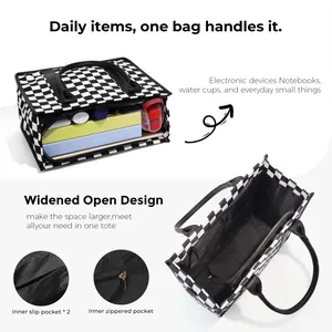 Large checkerboard tote bag with black handles and spacious multi-pocket interior