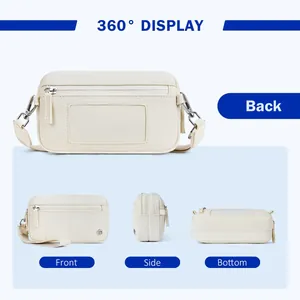 Vue détaillée à 360 degrés d'une pochette en nylon crème avec poches zippées et bandoulière