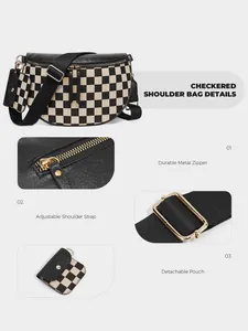 Detail view of checkered shoulder bag featuring gold zippers and detachable coin purse