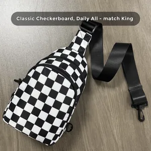 Detail of nylon checkerboard crossbody bag with adjustable straps and zipper pockets