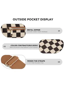 Detailed views of checkered bag showing golden zipper, 100% polyester and 2-inch wide strap