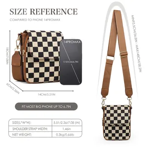 Mini checkered crossbody phone bag size chart showing dimensions and adjustable strap