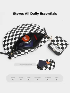 Detail of checkerboard crossbody bag showing interior storage capacity and small coin purse