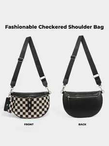 Front and back views of checkerboard crossbody bag with a small matching coin purse