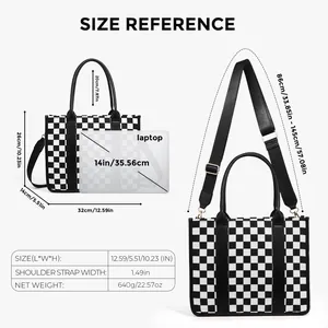Checkboard tote bag size chart showing dimensions for laptop fit and adjustable strap