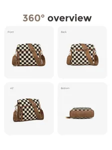 360-degree views of checkered crossbody bag with brown leather trim and tassel detail