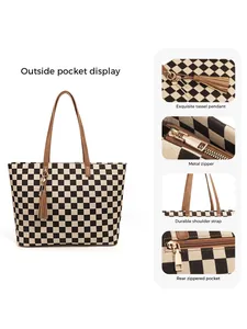 Détails du sac cabas à damier avec breloque à pompon, fermeture éclair et bandoulières renforcées