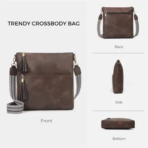 Deep brown vintage crossbody bag with fringe details and striped strap shown from multiple angles