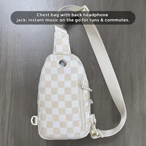 Waterproof nylon checkered crossbody belt bag with headphone jack for outdoor sports