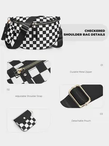 Detail of checkered crossbody bag with adjustable strap and detachable mini earphone pouch