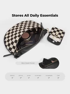 Checkerboard fanny pack showing spacious interior for daily essentials and back zipper pocket