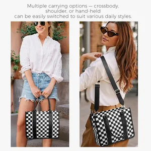 Detail showing checkered tote bag with detachable strap for shoulder or crossbody wear