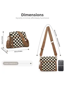 Detailed size chart of crossbody bag with jacquard pattern, tassels, and dimensions