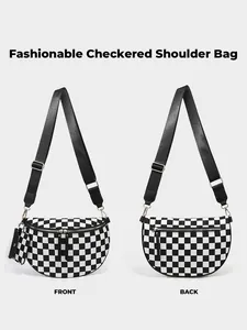 Front and back view of a checkered chest bag with an adjustable strap and small pouch