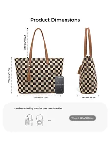Tableau détaillé des tailles du sac cabas à damier avec dimensions de 31x36x15 cm et poids