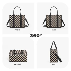Detailed four-view of checkerboard tote bag with black handles and detachable shoulder strap