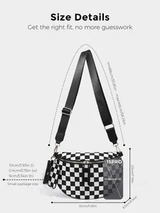 Detailed size guide for checkerboard crossbody bag with adjustable strap and small pouch
