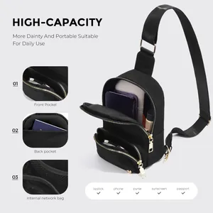 Versatile borsa a tracolla in nylon nero con zip dorate e design multi-tasca