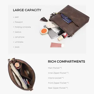 Detail view of large capacity vintage crossbody bag with rich interior compartments
