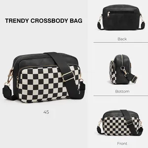 Detailed views of checkered crossbody bag showing front, back, and bottom perspectives