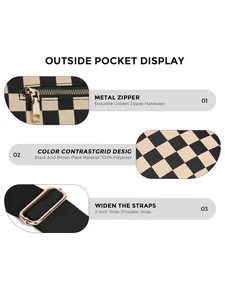 Detail view of checkerboard plaid crossbody bag with wide shoulder strap and gold zipper