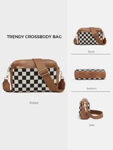 Vue multi-angle d'un sac bandoulière à damier avec sangle réglable et texture en cuir