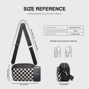 Detailed size guide for checkerboard crossbody bag with dimensions and phone comparison