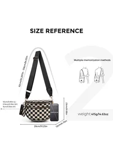 Size chart detail of checkered crossbody shell bag with adjustable strap and coin pouch