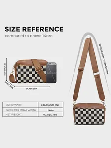 Guide des tailles détaillé pour sac bandoulière à damier avec sangle réglable et mesures